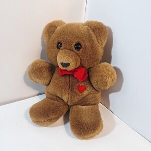 1985 Dakin Brown Teddy Bear 9" Plush Red Bow Vintage Stuffed Animal
